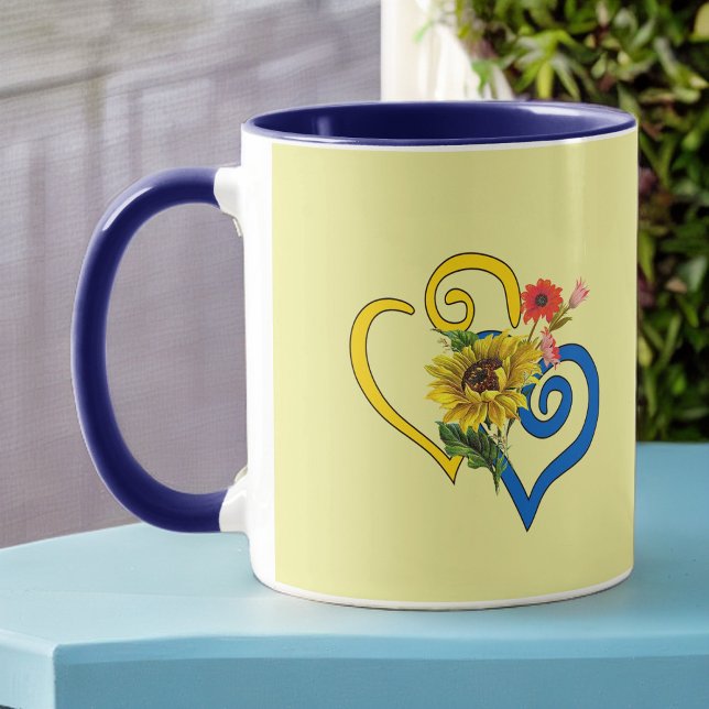 Blue Yellow Twisted Heart with Sunflower on Yellow Mug (Creator Uploaded)
