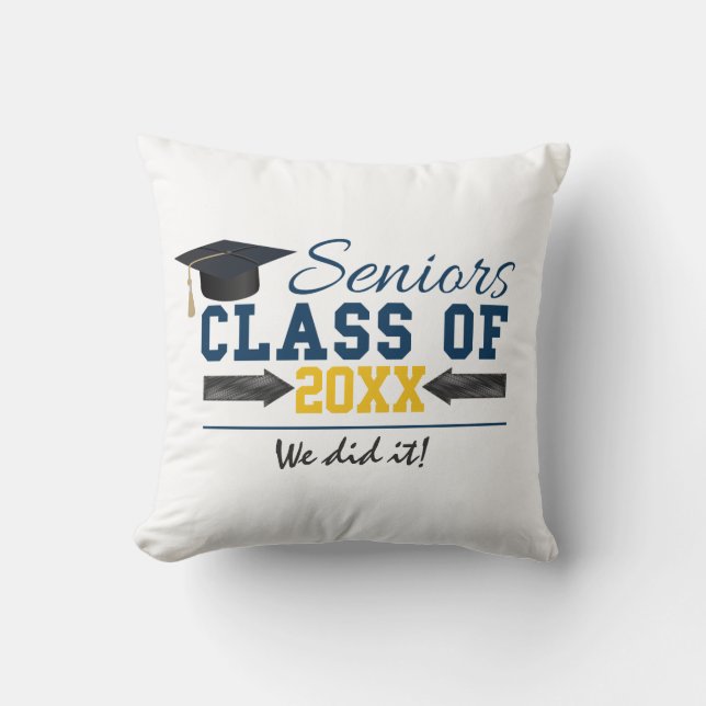 Blue Yellow Typography Graduation Gear Cushion (Front)