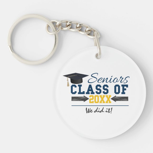 Blue Yellow Typography Graduation Gear Key Ring (Front)