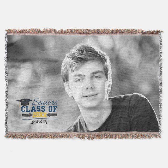 Blue Yellow Typography Graduation Gear Throw Blanket (Front)