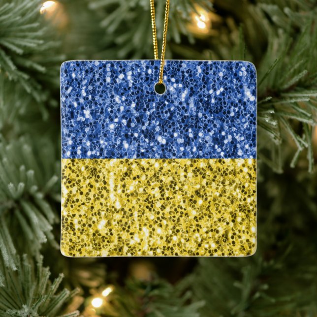 Blue yellow Ukraine flag glitter faux sparkles Ceramic Ornament (Tree)