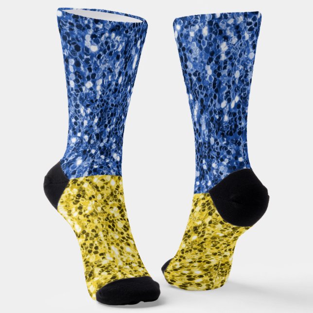 Blue yellow Ukraine flag glitter faux sparkles Socks (Angled)
