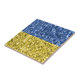 Blue yellow Ukraine flag glitter faux sparkles Tile