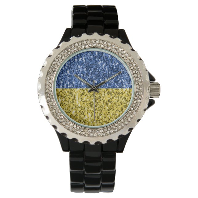 Blue yellow Ukraine flag glitter faux sparkles Watch (Front)
