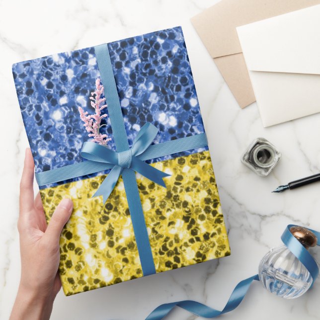 Blue yellow Ukraine flag glitter faux sparkles Wrapping Paper (Gifting)