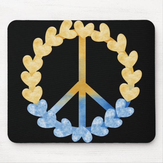 BLUE & YELLOW UKRANIAN PEACE SIGN WITH HEARTS MOUSE MAT (Front)