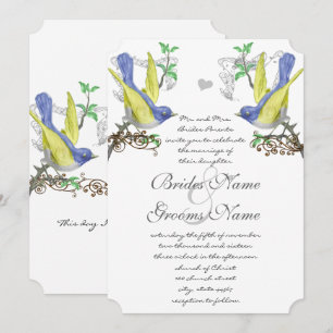 Blue & Yellow Vintage Birds Wedding Invite