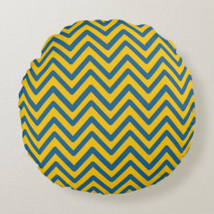 Blue Yellow Vintage Retro Chevron Pattern Round Cushion