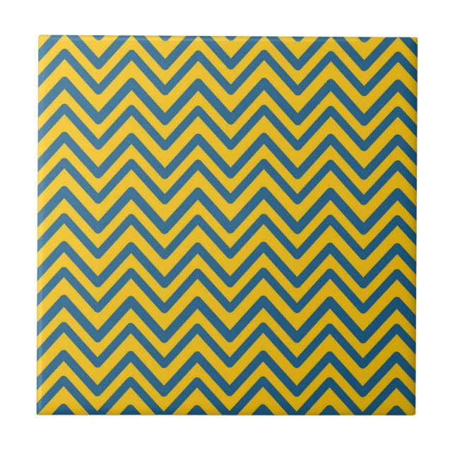 Blue Yellow Vintage Retro Chevron Pattern Tile (Front)
