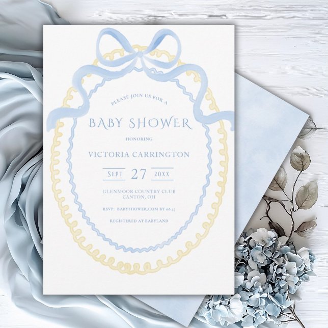 Blue & Yellow Vintage Ribbon Baby Shower Invitation (Creator Uploaded)