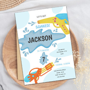 Blue Yellow Water Gun Birthday Invitations
