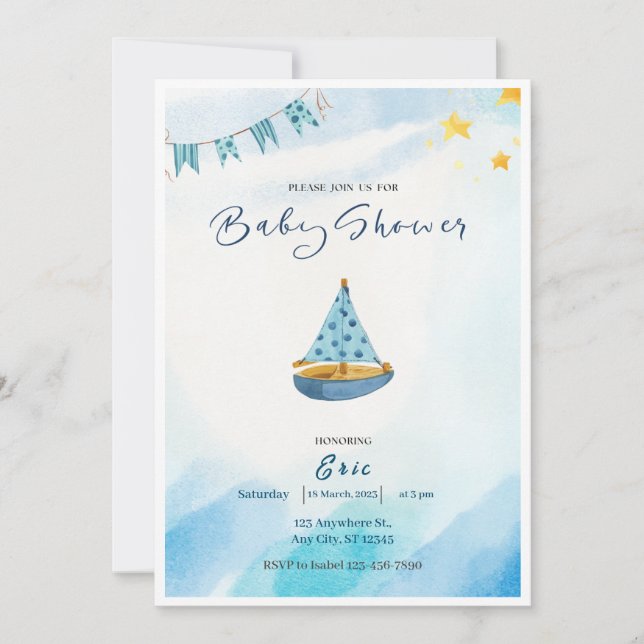 Blue Yellow Watercolor Boat Baby Shower Invitation (Front)