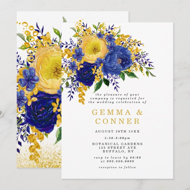  Blue Yellow Watercolor Floral Wedding Invitations (Front/Back)