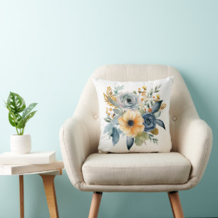Blue Yellow Watercolor Floral Wildflower Botanical Cushion