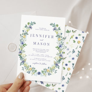 Blue yellow watercolor flower bohemian wedding invitation