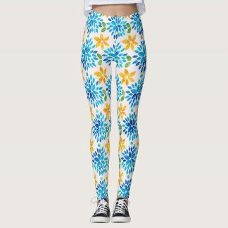 Blue & Yellow Watercolor Flower Pattern Leggings