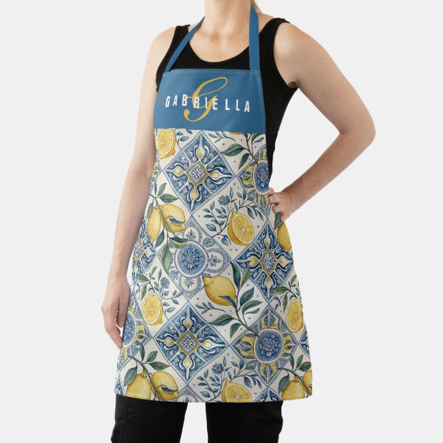 Blue Yellow Watercolor Lemon Custom Name Apron (Insitu)
