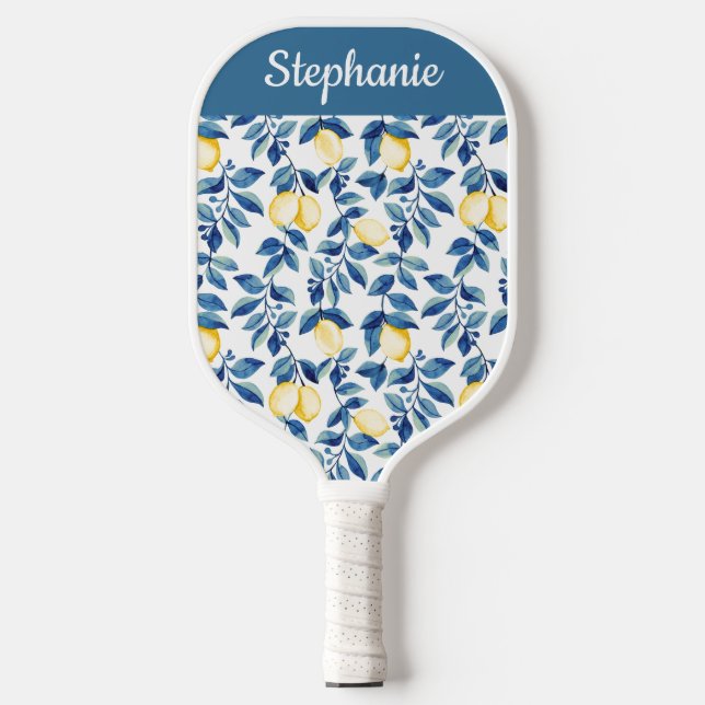 Blue Yellow Watercolor Lemon Custom Name Pickleball Paddle (Front)