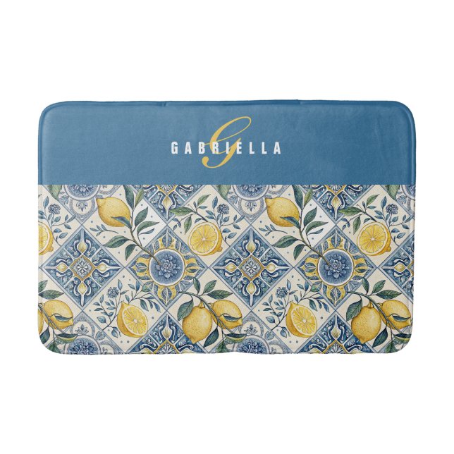 Blue Yellow Watercolor Lemon Monogram Bath Mat (Front)