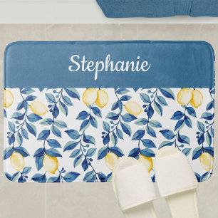 Blue Yellow Watercolor Lemon Monogram Bath Mat