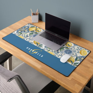 Blue Yellow Watercolor Lemon Monogram Name Desk Mat