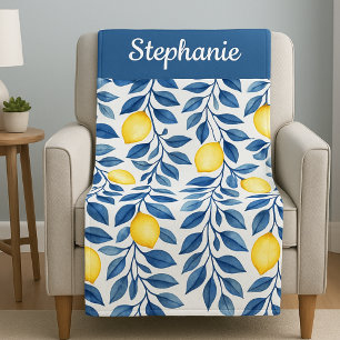Blue Yellow Watercolor Lemon Name Fleece Blanket