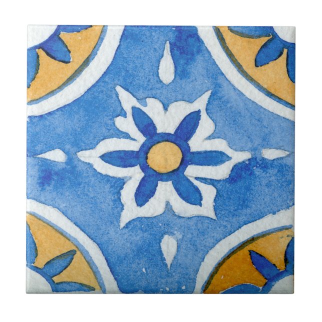 Blue & Yellow Watercolor Mediterranean Patterned Tile (Front)