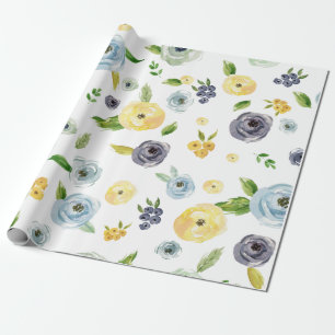 Blue Yellow Watercolor Rose Spring Garden Wedding Wrapping Paper
