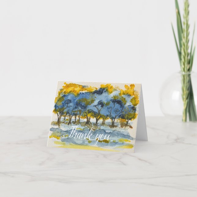 Blue yellow watercolor trees- blank - thank you card (Front)