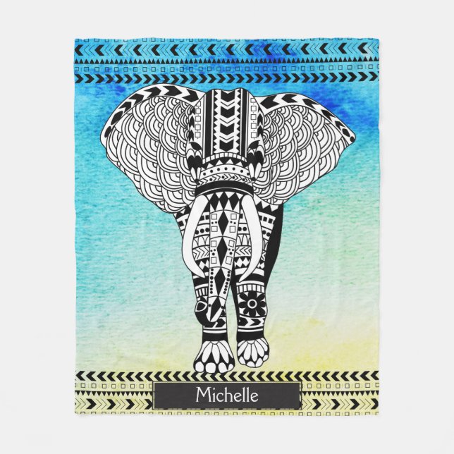 Blue Yellow Watercolor Tribal Patterned Elephant Fleece Blanket (Front)