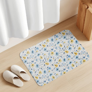 Blue Yellow Watercolor Wildflower Bath Mat
