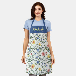 Blue Yellow Watercolor Wildflower Custom Name Apron