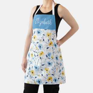 Blue Yellow Watercolor Wildflower Custom Name Apron