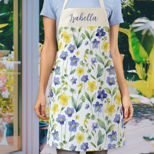 Blue Yellow Watercolor Wildflower Custom Name Apron