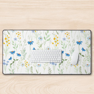 Blue Yellow Watercolor Wildflower Desk Mat
