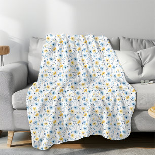Blue Yellow Watercolor Wildflower Fleece Blanket
