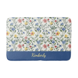 Blue Yellow Watercolor Wildflower Monogram Name Bath Mat