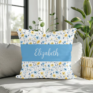 Blue Yellow Watercolor Wildflower Monogram Name Cushion