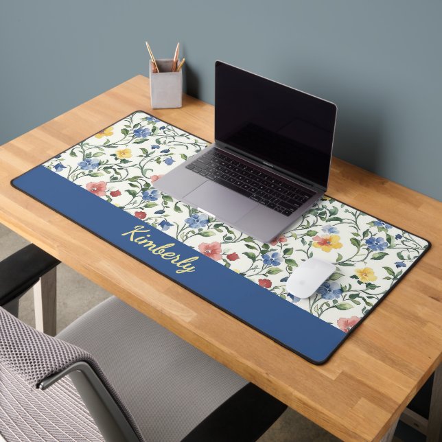 Blue Yellow Watercolor Wildflower Monogram Name Desk Mat (Office 2)