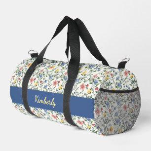 Blue Yellow Watercolor Wildflower Monogram Name Duffle Bag