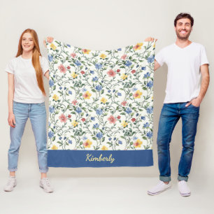 Blue Yellow Watercolor Wildflower Monogram Name Fleece Blanket