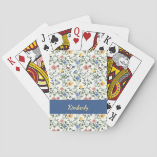 Blue Yellow Watercolor Wildflower Monogram Name Playing Cards