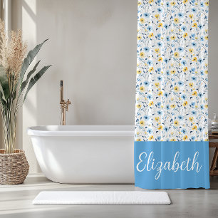 Blue Yellow Watercolor Wildflower Monogram Name Shower Curtain