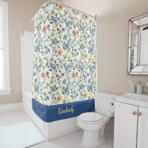 Blue Yellow Watercolor Wildflower Monogram Name Shower Curtain