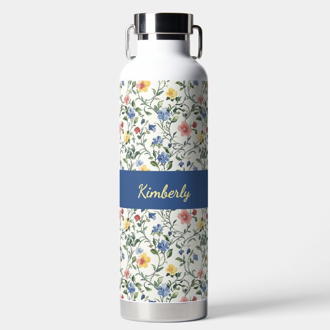 Blue Yellow Watercolor Wildflower Monogram Name Water Bottle (Front)