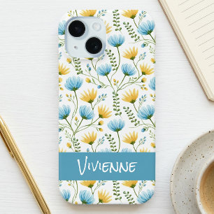 Blue Yellow Watercolor Wildflower Name iPhone 15 Case