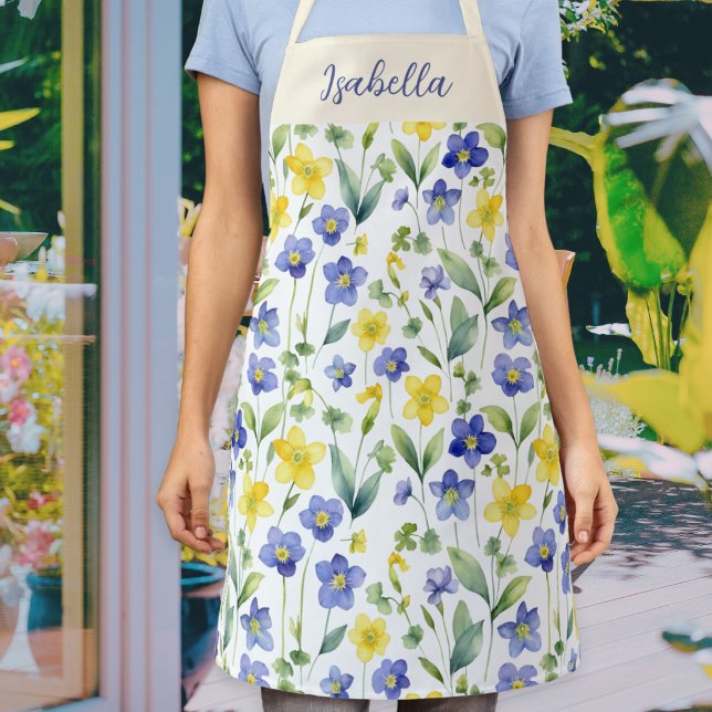Blue Yellow Watercolor Wildflower Script Name Apron (A pretty kitchen apron with customizable script name, patterned with blue and yellow wildflowers)