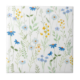 Blue Yellow Watercolor Wildflower Tile