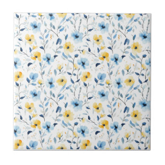 Blue Yellow Watercolor Wildflower Tile