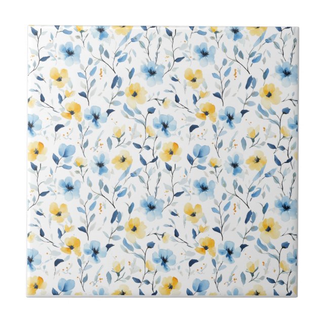 Blue Yellow Watercolor Wildflower  Tile (Front)